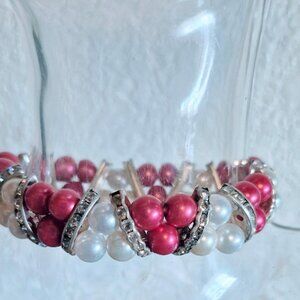 New Pink White + Stretch Rhinestones Beaded Bracelet Handmade